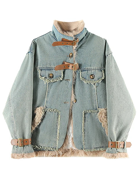 Women's Denim Coat with Stand Collar and Plush Cotton-Padded Lining for Winter Fashion