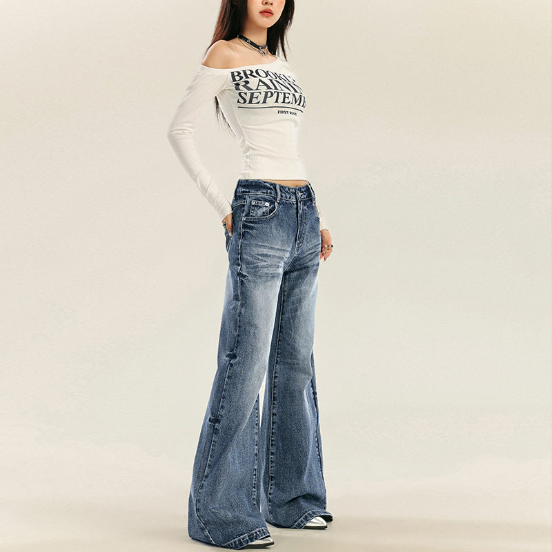 Vintage Light Wash Denim Trousers for Women - Low Waist, Slimming Fit