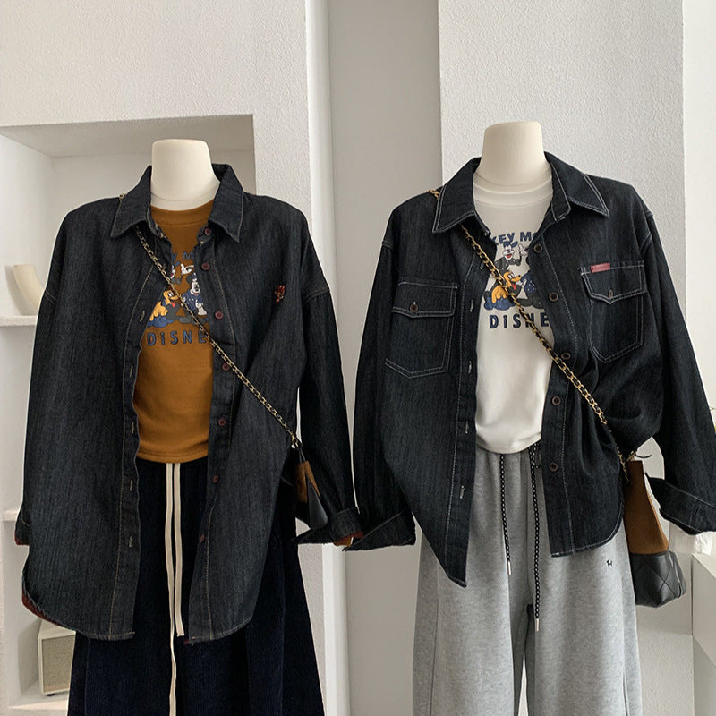 Warm Thickened Loose Mid-Length Open-Front Denim Jacket with Turn-Down Collar and Fleece Lining for Women