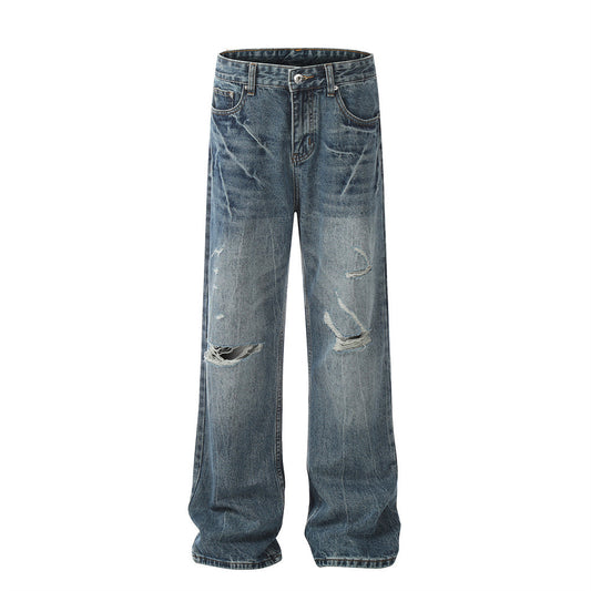 Punched And Washed Denim Straight Leg Jeans Mid Waist Blue