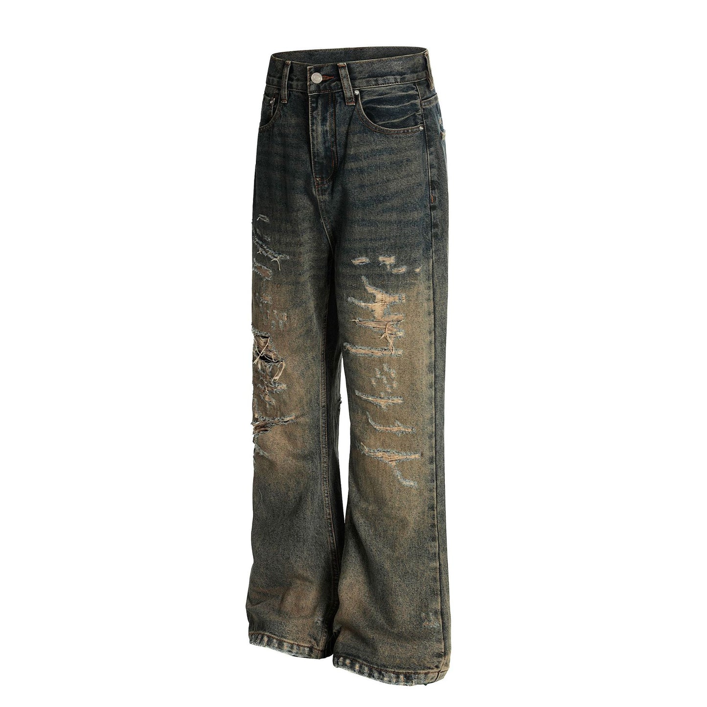 Retro Washed Dirty Dyed Denim Straight Leg Micro Flared Pants