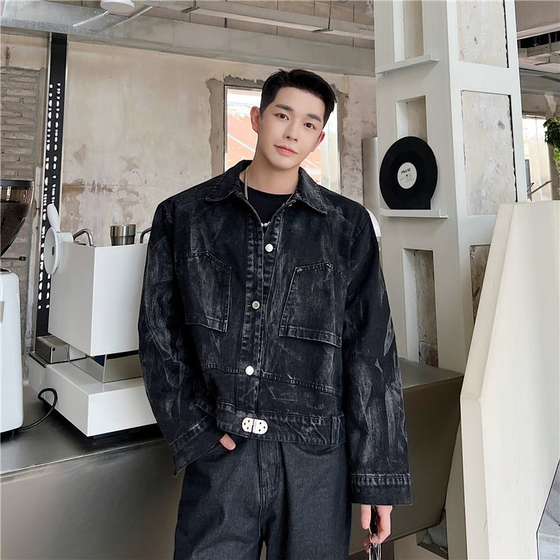 Washed Black and Gray Denim Jacket with Retro Pocket Design