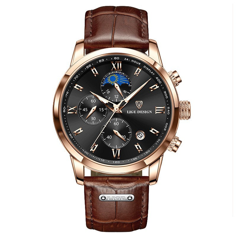 Men's Quartz Watch Multifunction Chronograph Moon Phase Quartz Movement Waterproof Watch