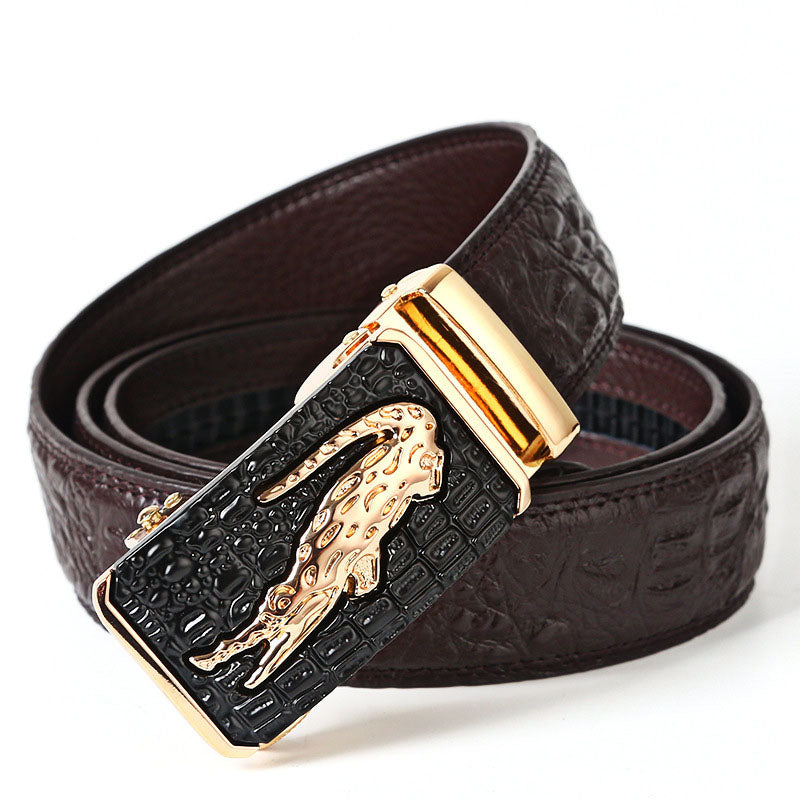 Men's Genuine Leather Belt with Automatic Buckle - Cowhide and Crocodile Pattern
