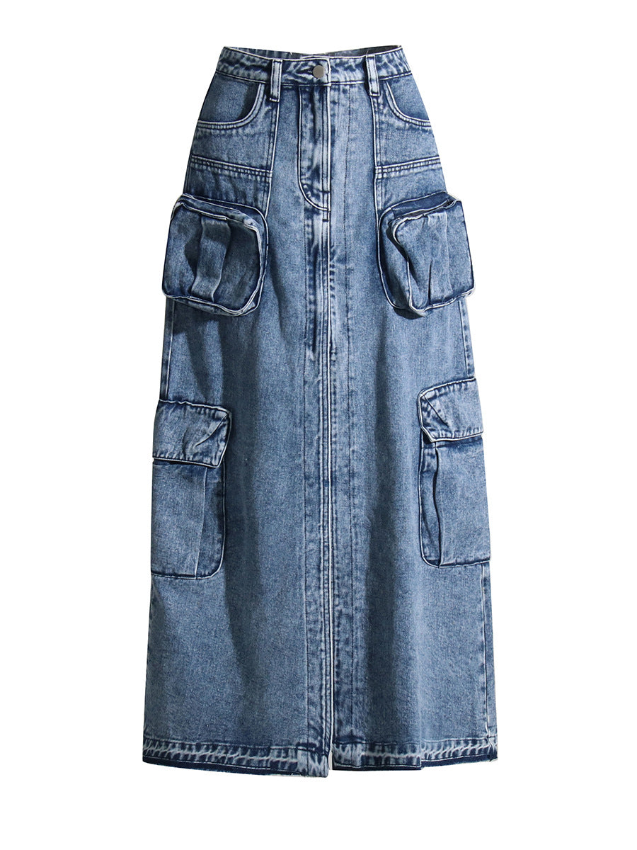 Women's High-Waisted Denim Maxi Skirt with Pockets