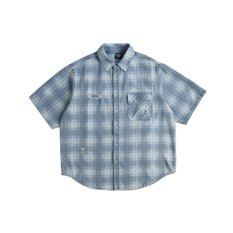 Color Blocked Plaid Perforated Casual Denim Shirt for Men