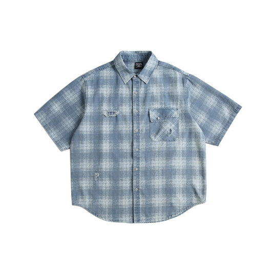 Color Blocked Plaid Perforated Casual Denim Shirt for Men