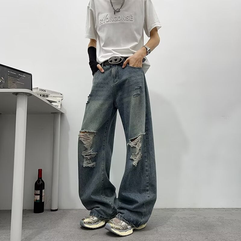 Bamboo Patterned Distressed Jeans with Holes