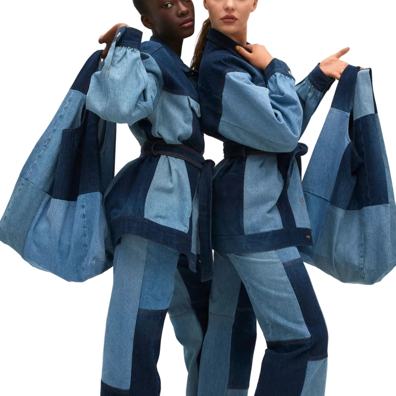 Women's Color-Blocked Denim Handbag - Large Tote