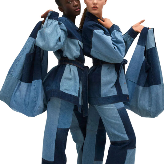 Women's Color-Blocked Denim Handbag - Large Tote