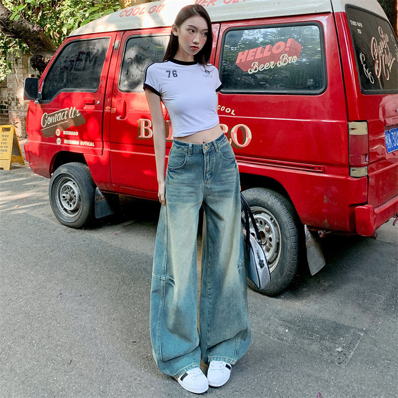 Smocked Loose Flare Denim Pants for Women - Summer Casual Long Trousers