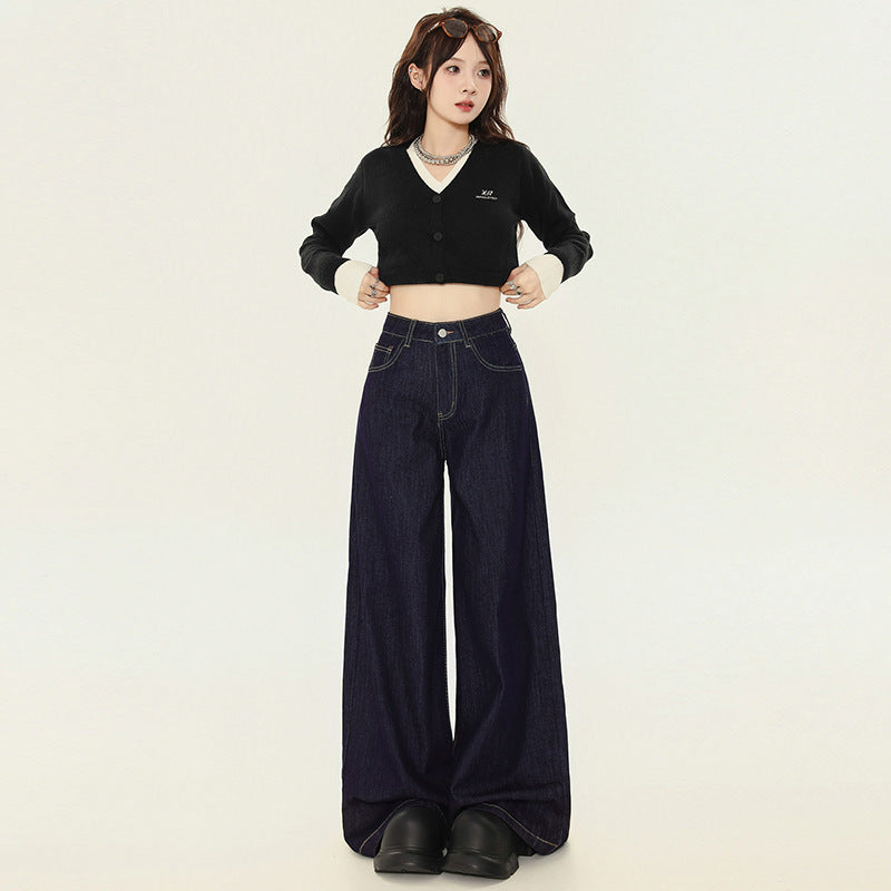 Women's Dark Blue High-Waisted Wide-Leg Jeans