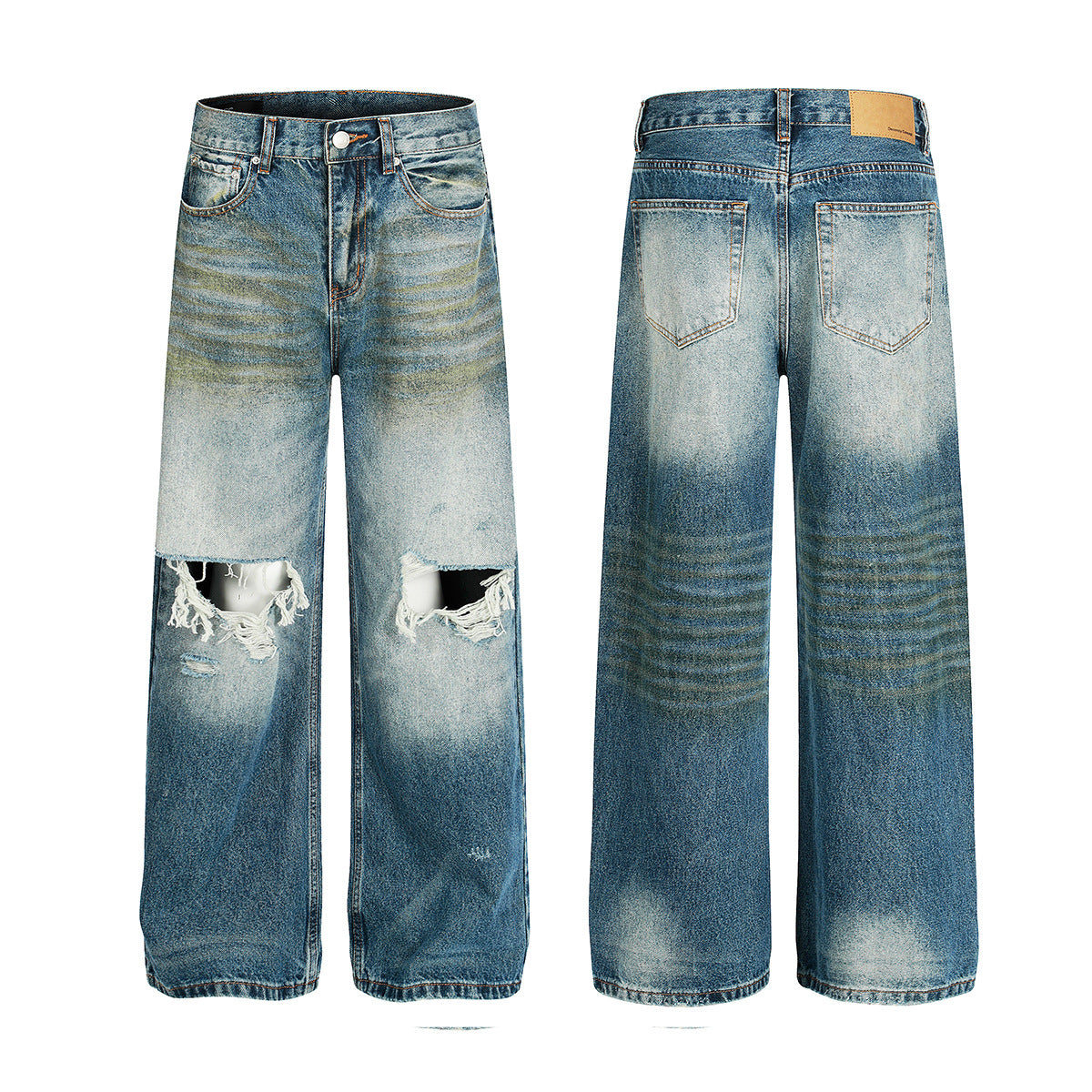 Personalized Washed Ripped Denim Straight Leg Long Pants