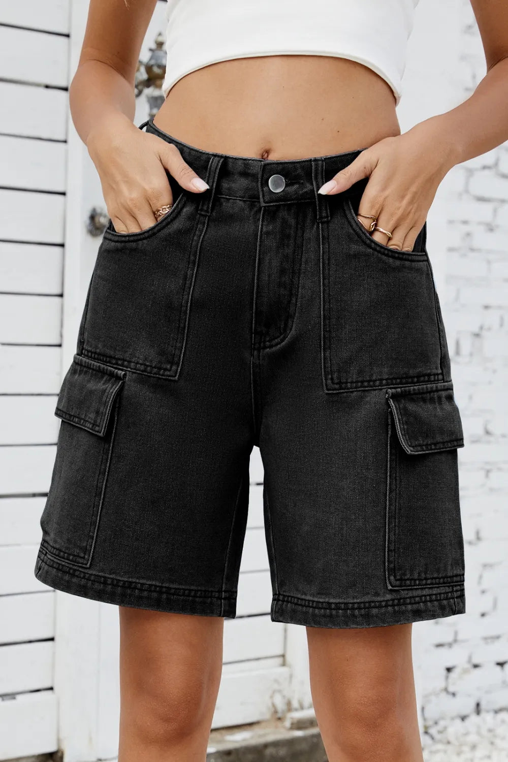 High Rise Denim Shorts with Cargo Pockets