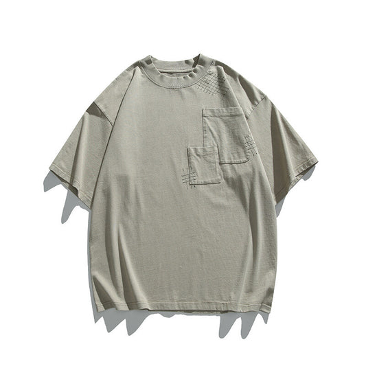 Washed and Worn Casual Round Neck T-Shirt with Short Sleeves