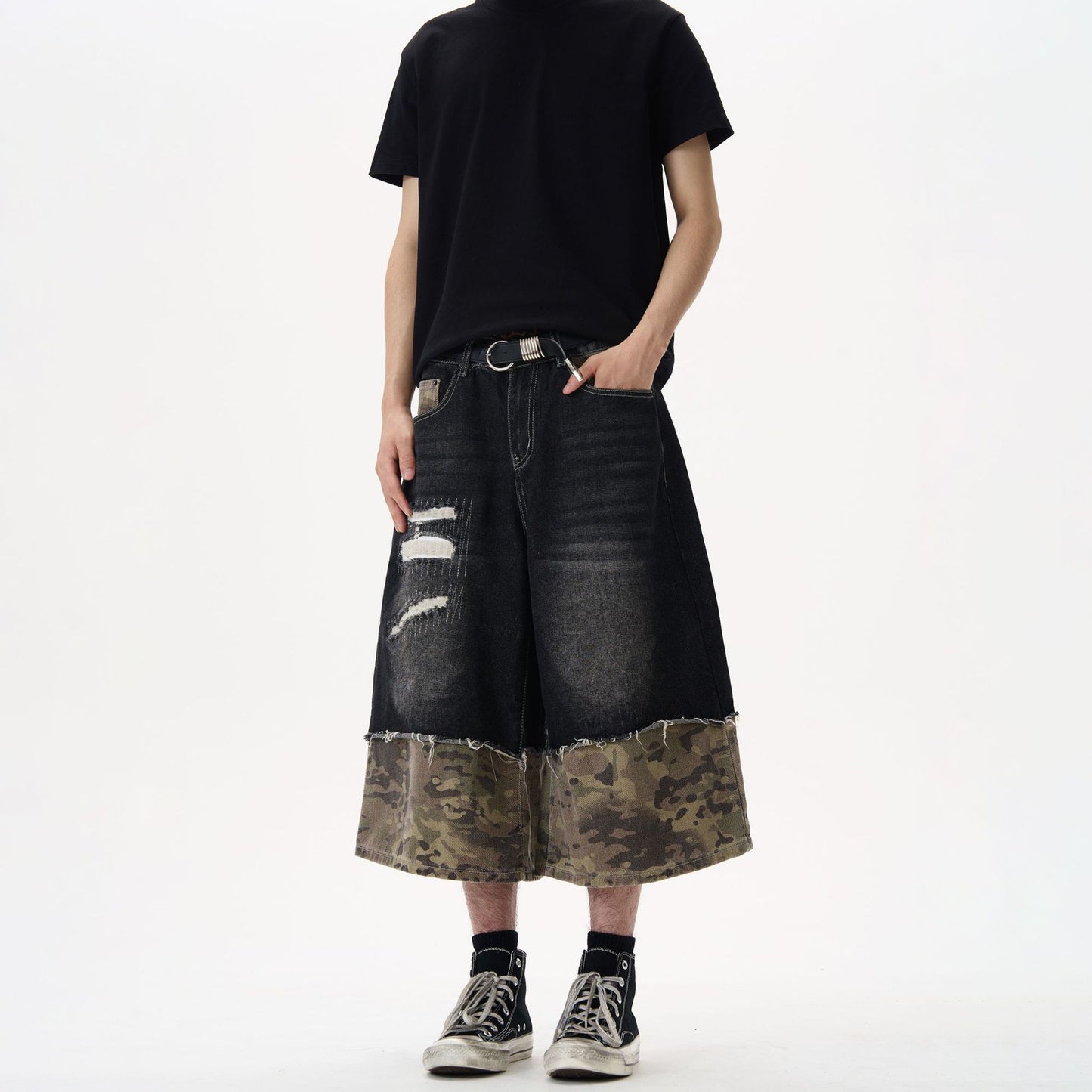 Black Denim Wide Leg Straight Leg Pants - 7 Inch