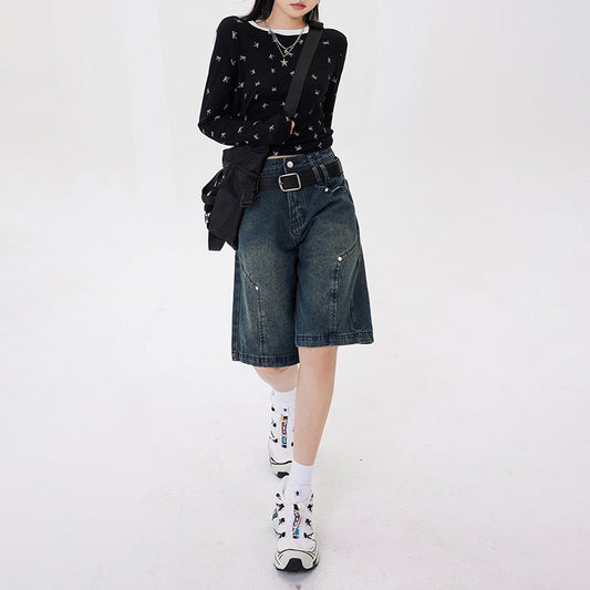 Women's High Waist Denim Shorts Five-Quarter Pants