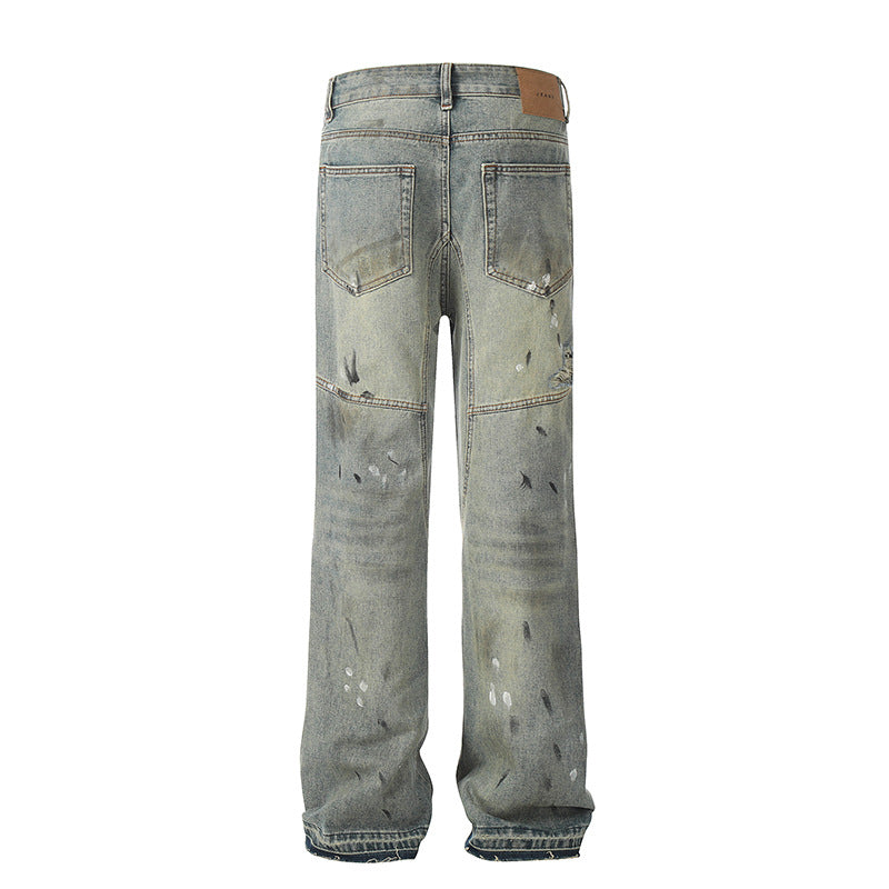 Mud Dyed Micro Flared Spliced Jeans - Distressed Denim with Unique Style