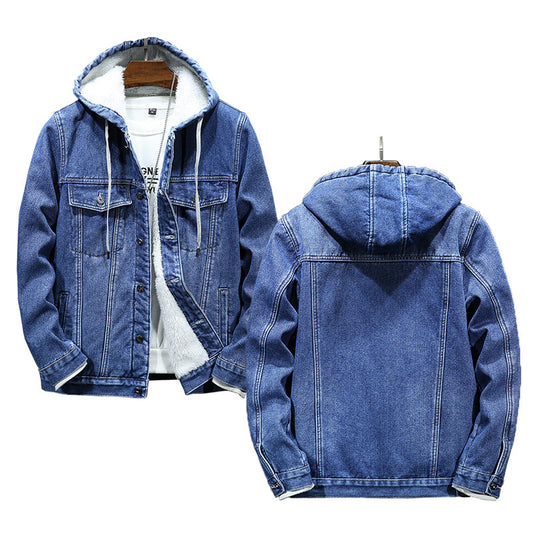 Warm Thick Men's Cotton Coat - Faux Shearling Hooded Denim Jacket