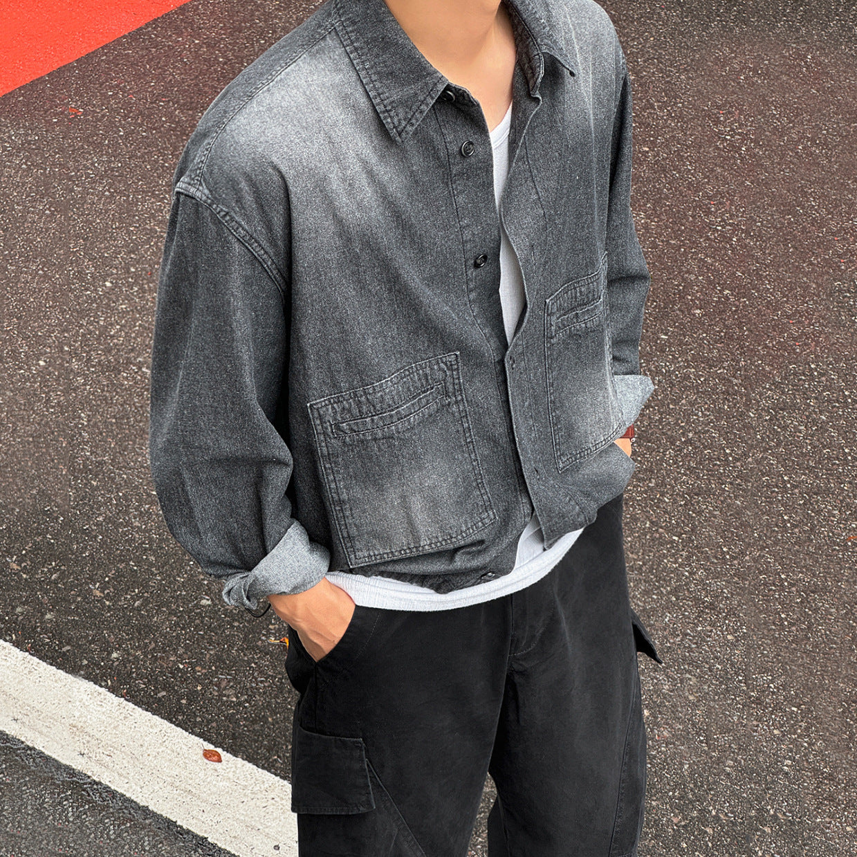 Casual Washed Denim Long Sleeve Shirt Men Loose Fit Commuter Retro Outfit