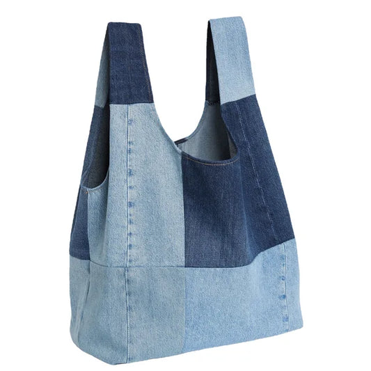 New Women's Color-Blocked Denim Handbag - Large Tote