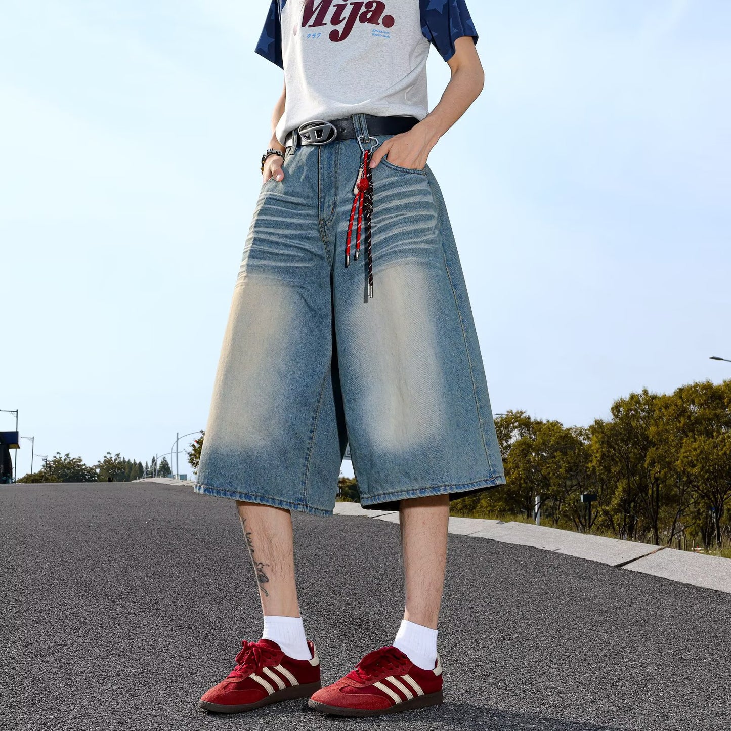 Distressed Wide Leg Denim Pants with Creases – Loose Fit