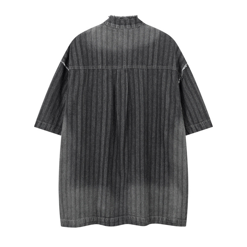 High-End Unique Dark Stripe Vintage Denim Shirt for Men - Short Sleeve with Frayed Hem