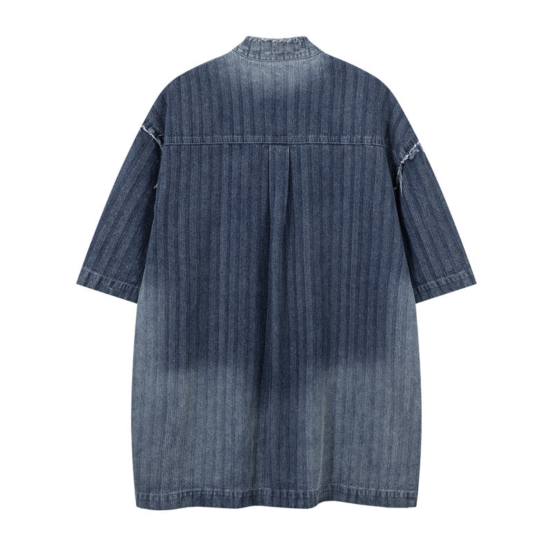 High-End Unique Dark Stripe Vintage Denim Shirt for Men - Short Sleeve with Frayed Hem