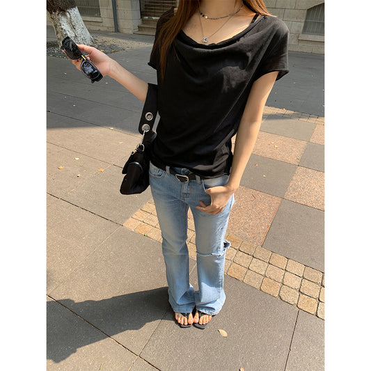 High Street Retro Distressed Denim Pants for Women with Micro-Elasticity and Slimming Effect - Straight Leg Jeans