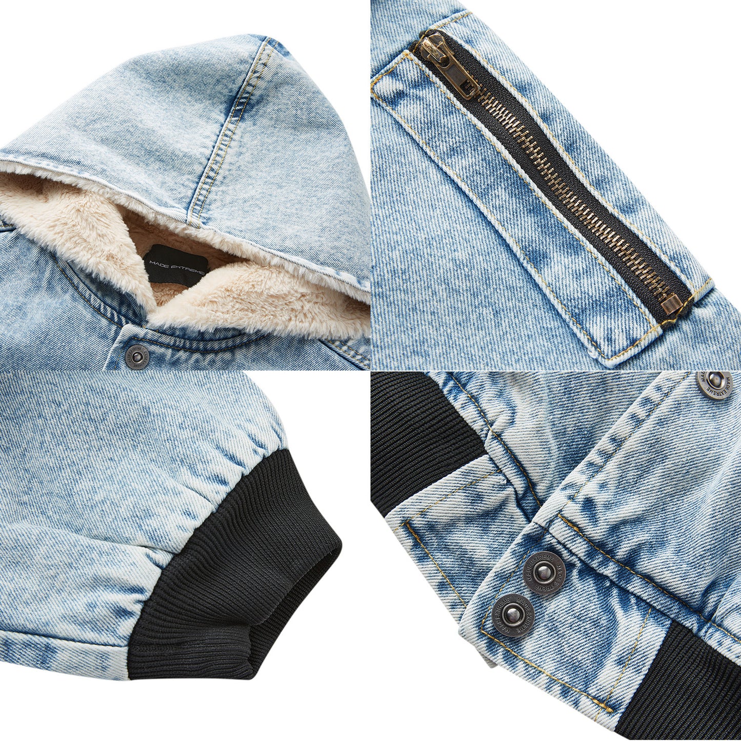 Rabbit Fur Mountain Carving Denim Blue Snowflake Pattern Jacket