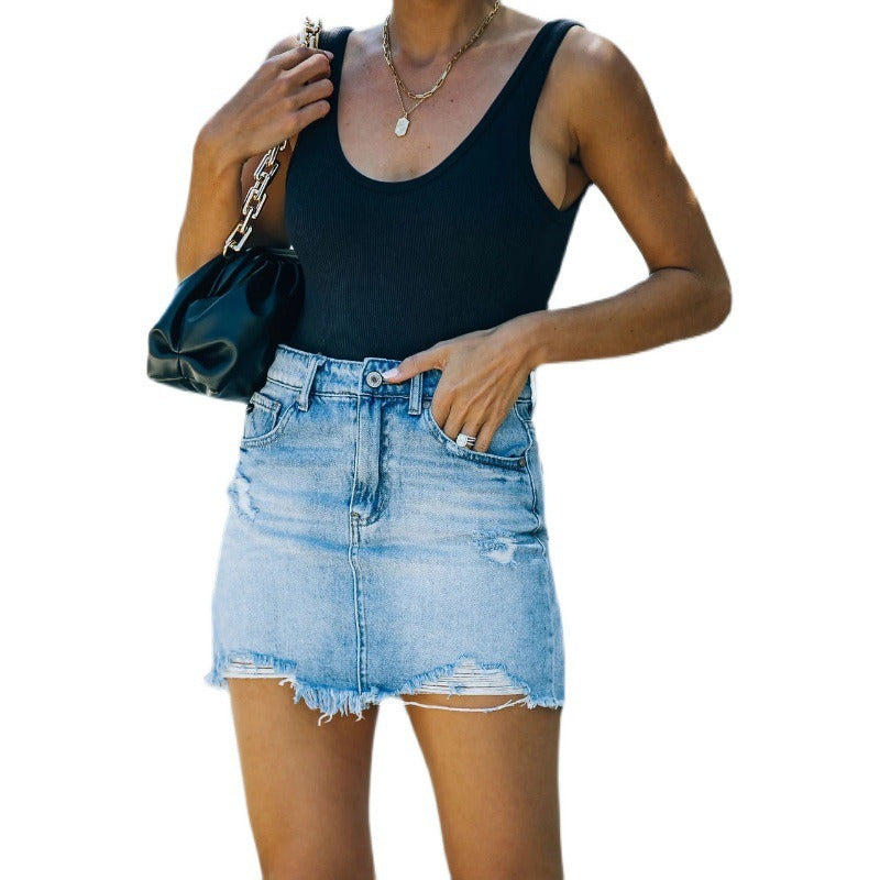 Women's Vintage High-Waisted Mini Denim Skirt with Ripped Edges