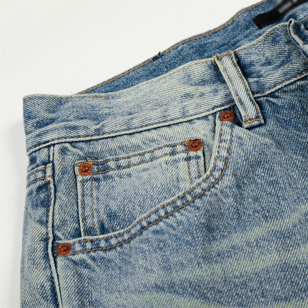 Grinding White Washed Denim Straight Leg Pants