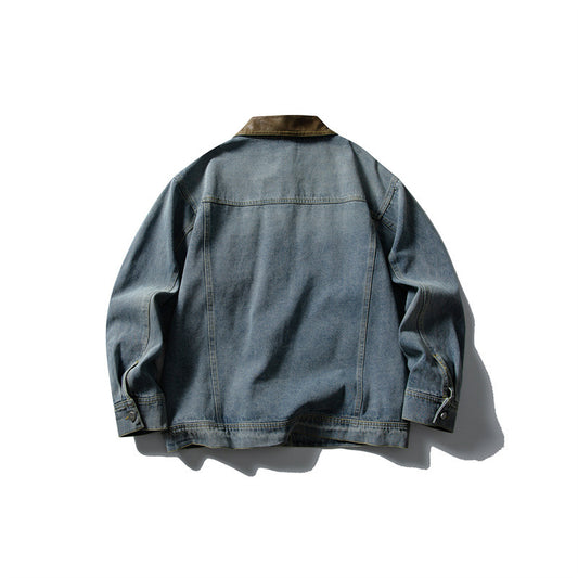 Block Turn-Down Collar Denim Jacket - Unisex BF  Outerwear