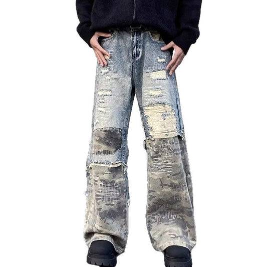 Retro Camouflage Fashion Destructive Micro Lacquer Work Clothes Jeans