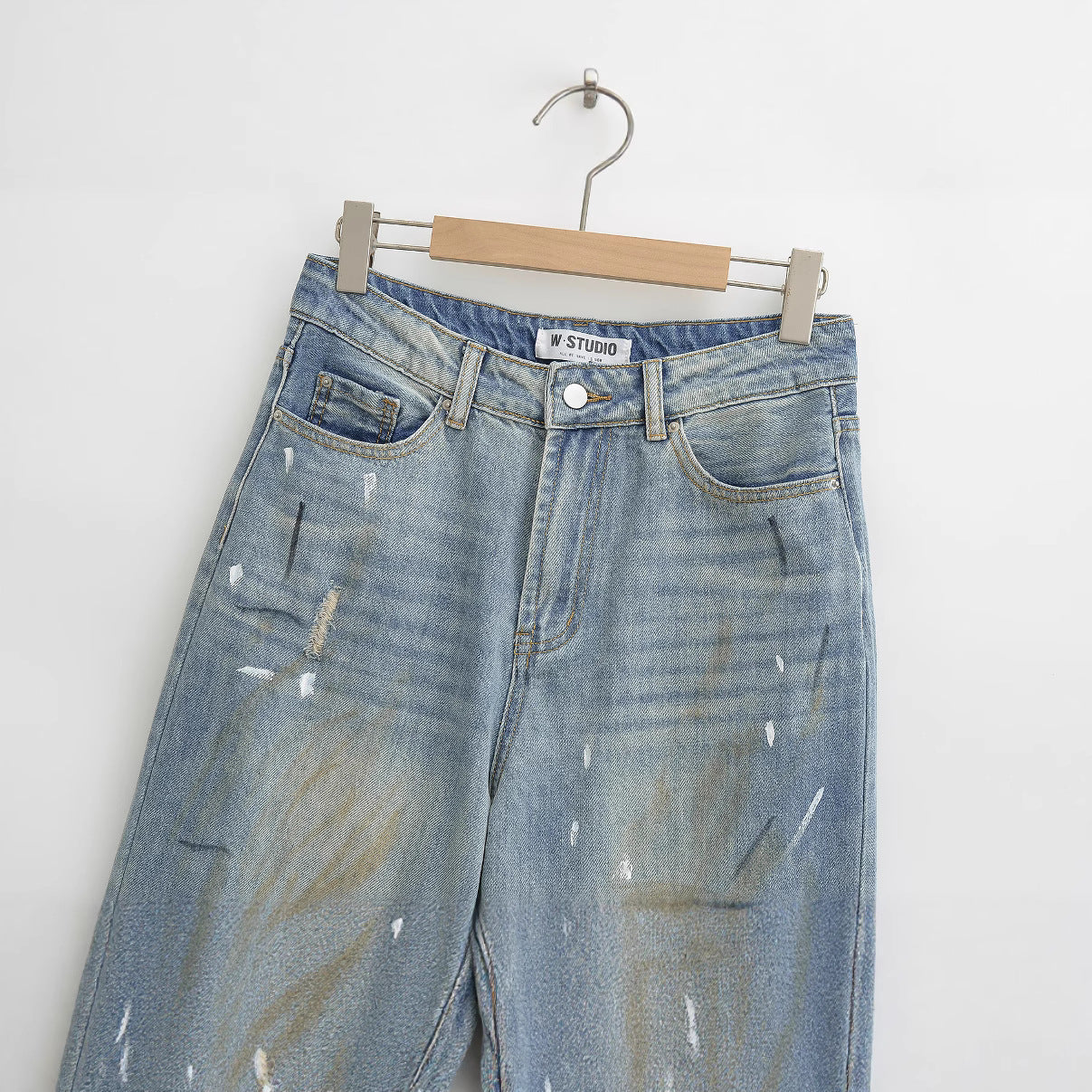 High-Waisted Distressed Washed Frayed Hand-Scuffed Wide-Leg Denim Trousers