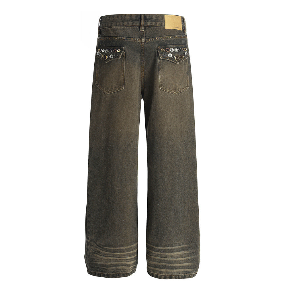 Men's Denim Jeans with Cat Whisker Distressed Wash, Loose Fit Straight Leg Casual Pants