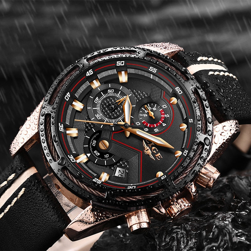 Men's Luxury Gold Waterproof Sport Quartz Watch with Leather Band