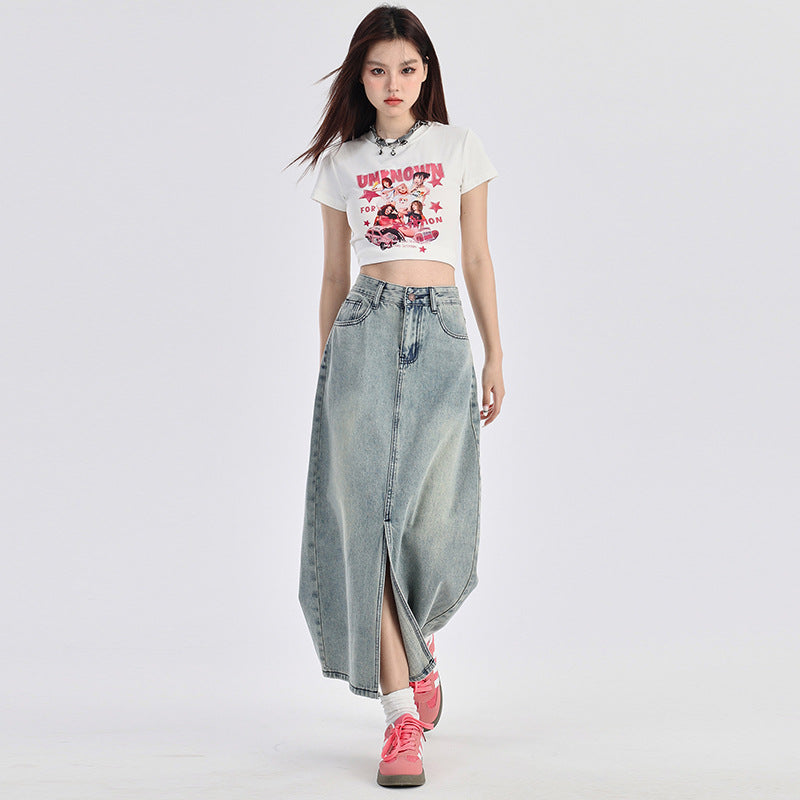 Orange Silk Women's Slit Denim Mini Skirt High Waist American Retro A-Line Skirt