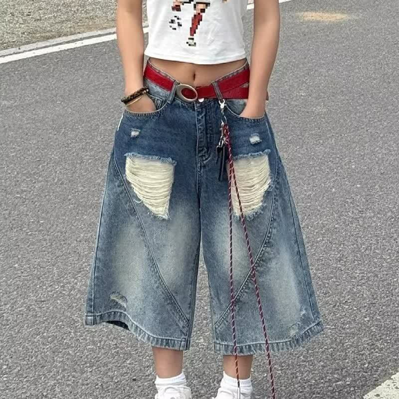 High-Waisted Spliced Hand-Cut Hole Denim Shorts - Retro Wide-Leg Seven-Quarter Pants