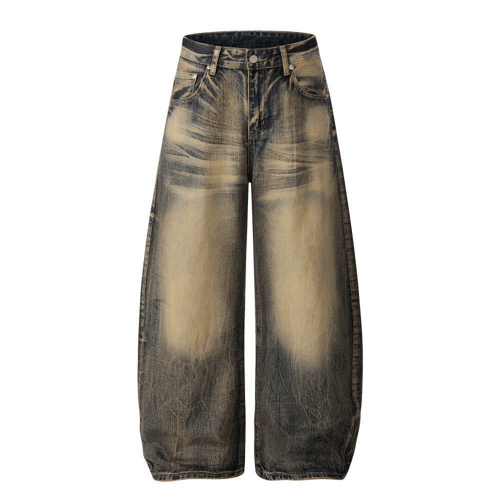 Color Blocked White Yellow Mud Dyed Denim Curved Knife Pants