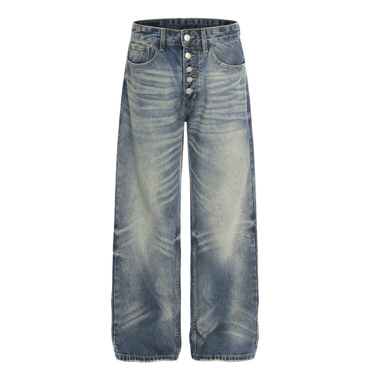 Vintage Men's Denim Pants, Button-Down Faded Straight Leg, Casual Loose Fit, Wide Leg Style, Streetwear Pants