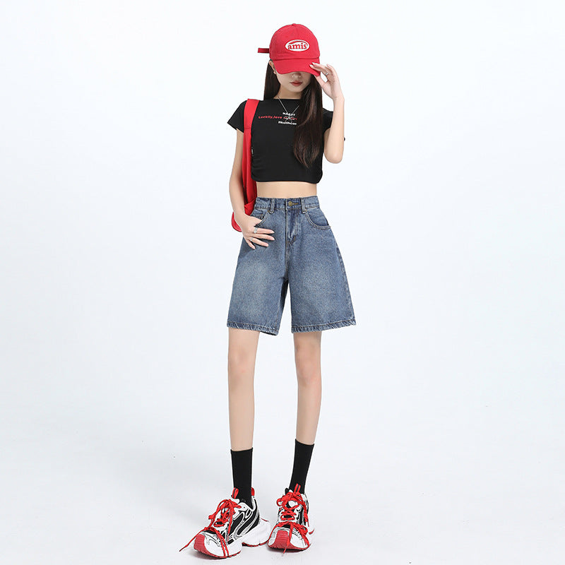 Women's Straight-Cut Mid-Length Denim Shorts with Elastic Waistband