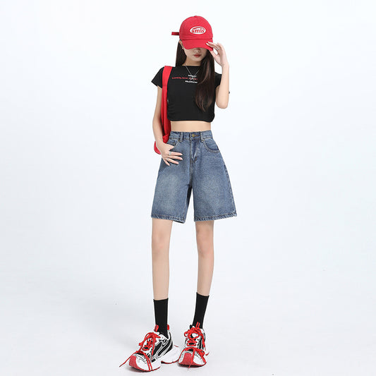 Women's Straight-Cut Mid-Length Denim Shorts with Elastic Waistband