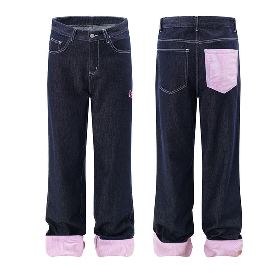 Color Blocked Flanged Denim Straight Leg Pants for Men