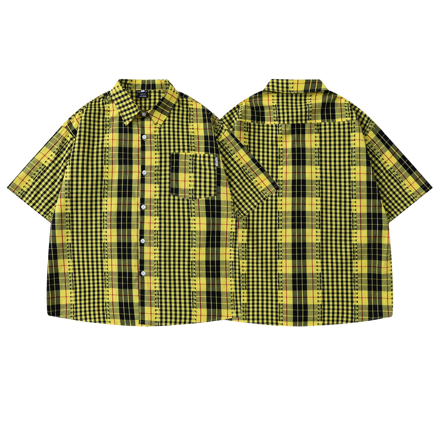 Retro Spliced Frayed Plaid Short Sleeve Shirt for Men
