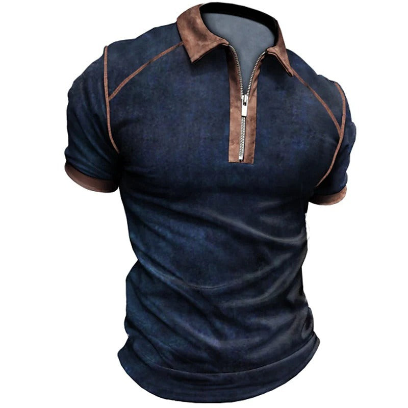 Men's Color Matching Short Sleeve Polo Shirts with Zipper