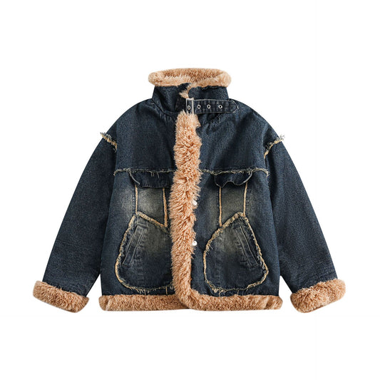 Patchwork Denim Shearling Lined Cotton Coat Couple Loose Warm Outerwear