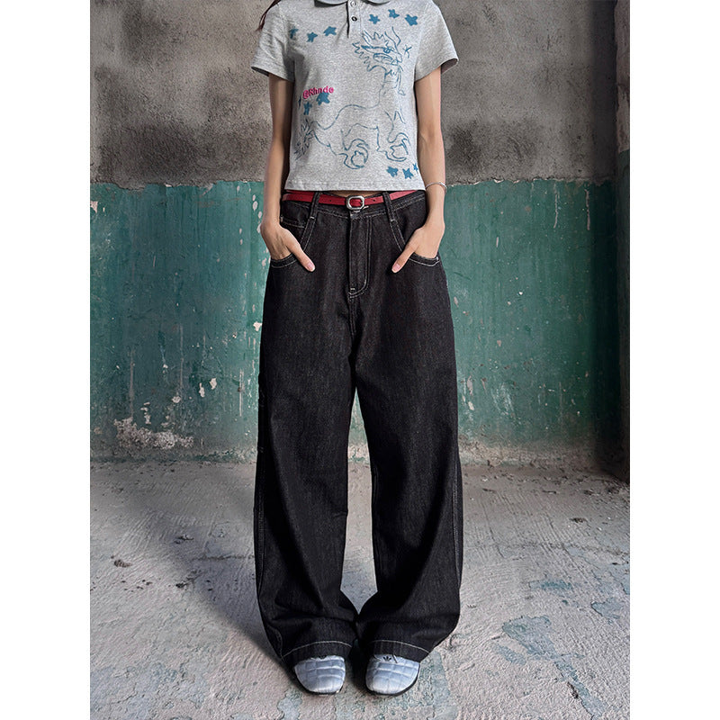 Embroidered Oversized Raw Denim Pants Unisex - Loose Straight Leg
