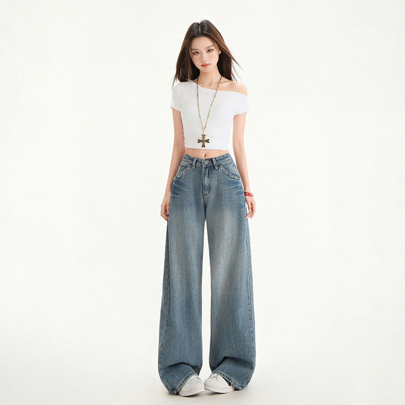 Women's Wide-Leg Niche Water-Washed Floor-Length Straight Pants