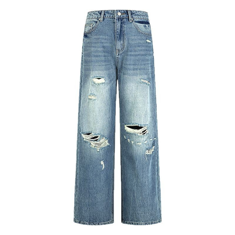 Vintage Destroyed Loose Denim Pants for Women - Wide Leg Floor Length Trousers